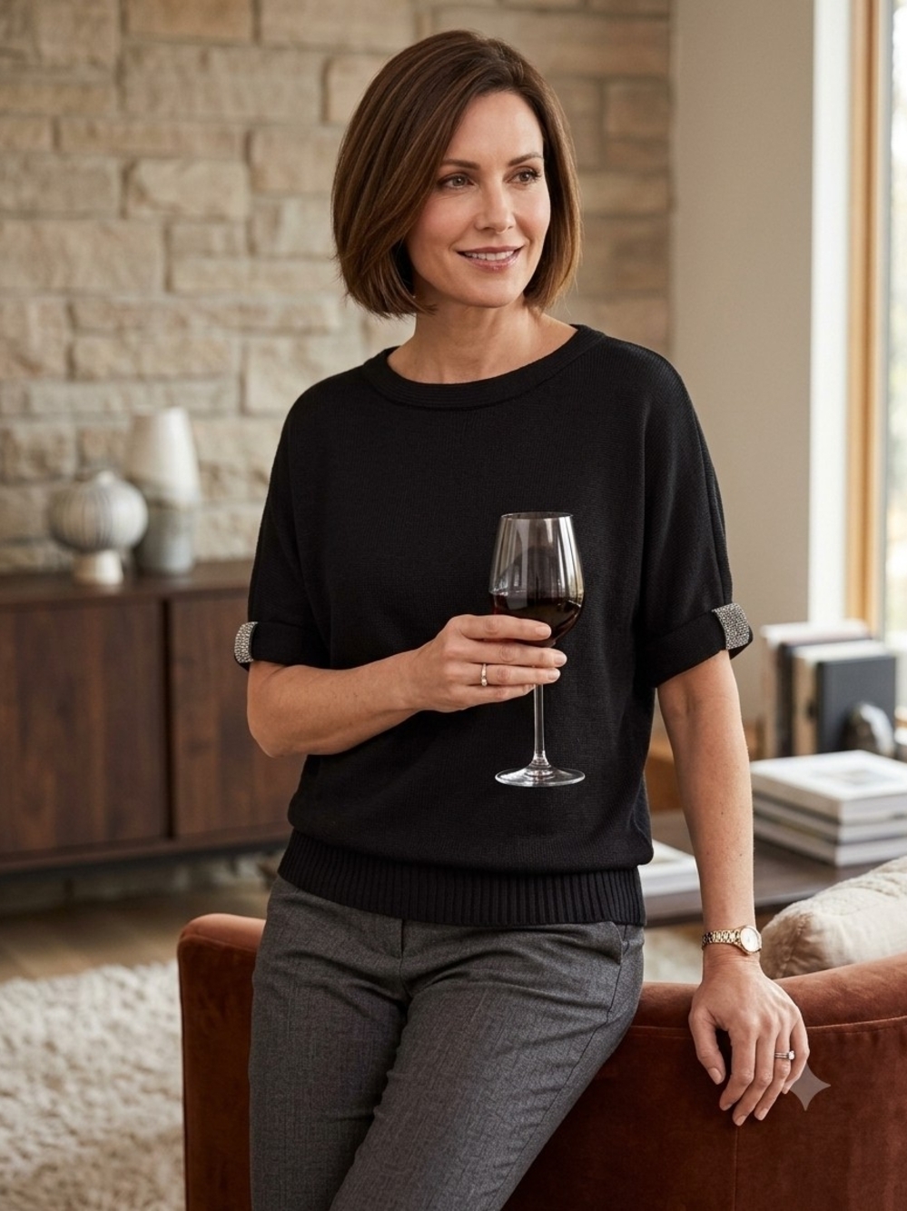 Chico's Black Linen Blend Short Sleeve Knit Sweatee Top With Rhinestone Cuffs
